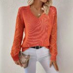Loose Hollow Knitted Sweater Long-sleeved Pullover V-neck Top Women's Clothing - Image 5