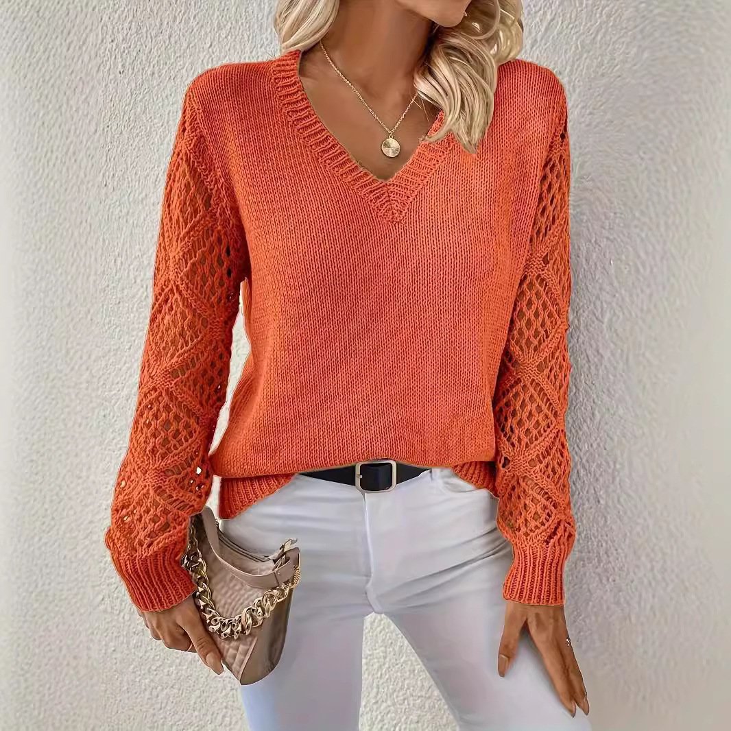 4ab1b996-2365-4eac-8e6c-24d30a193a35.jpg Loose Hollow Knitted Sweater Long-sleeved Pullover V-neck Top Women's Clothing - Image 5