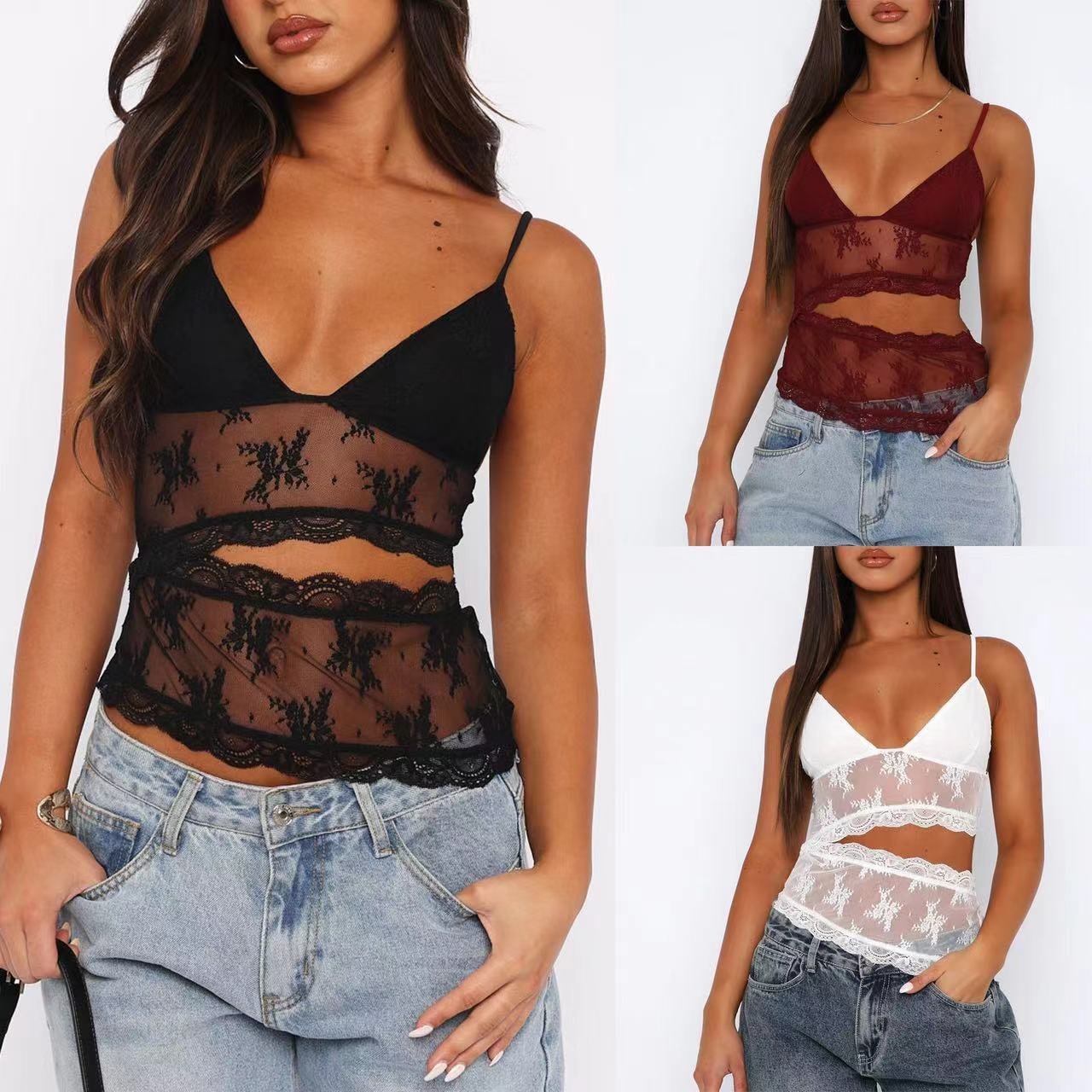 4b1ce22f-b56b-4cdd-b027-f37f2ec0c8b2.jpg Lace Stitched Backless Small Sling Women V Neck Tank Top Underwear Vest Candy Color Bralette Clothes - Image 1