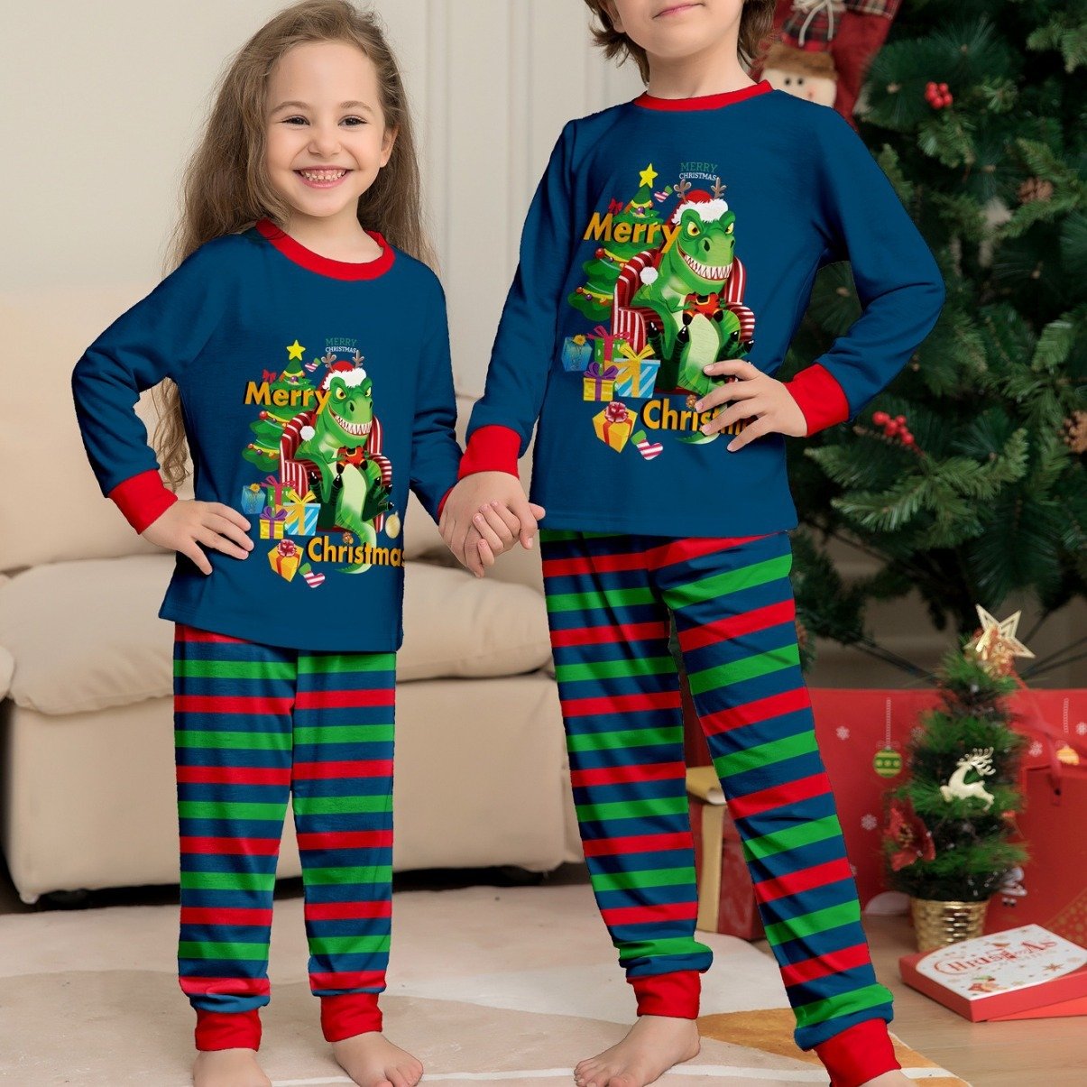 4cd2b6f8-8a6e-4194-9810-9913bac71c7a.jpg Tyrannosaurus Letter Christmas Tree Printing Parent-child Suit Pajamas - Image 1