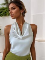 Women Solid Color Swing Collar Sleeveless Vest Trendy Elegant Shirt With Halter Neckline Backless Short Sleeve Tops Tshirts - Image 8