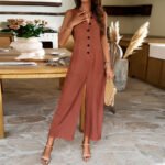 Fashion Sleeveless Jumpsuit With Button Design Casual Temperament Wide Leg Pants For Womens Clothing - Image 6