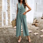 Fashion Sleeveless Jumpsuit With Button Design Casual Temperament Wide Leg Pants For Womens Clothing - Image 5