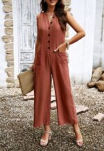 Fashion Sleeveless Jumpsuit With Button Design Casual Temperament Wide Leg Pants For Womens Clothing - Image 2