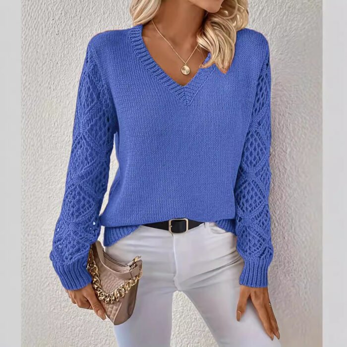 Loose Hollow Knitted Sweater Long-sleeved Pullover V-neck Top Women's Clothing - Image 6
