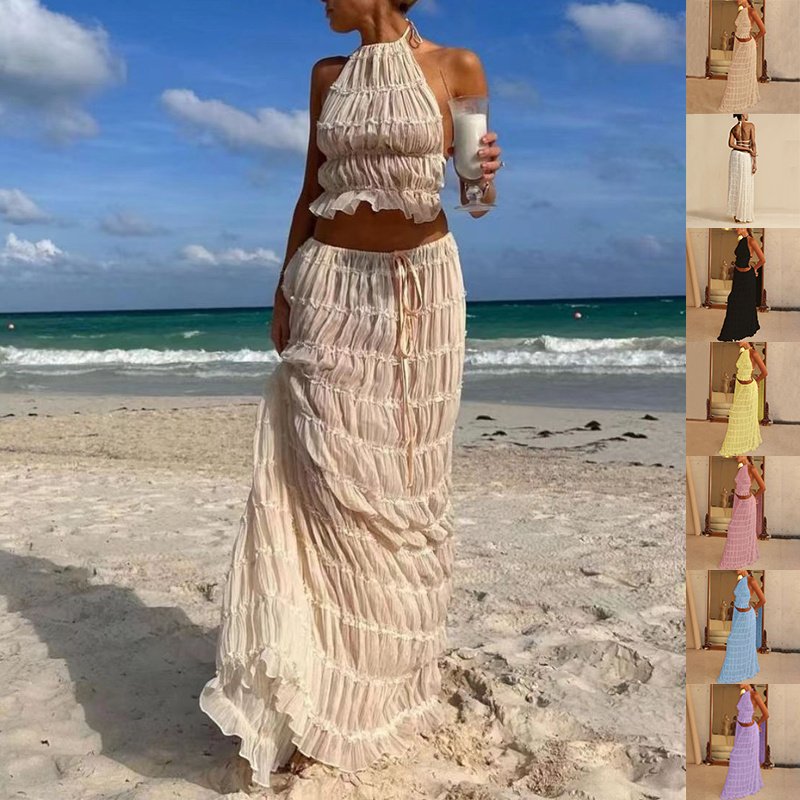 5e61673c-bf03-4959-bdc0-a52a2d044ac8.jpg 2pcs Women's Dress Suit Sexy Sleeveless Backless Cropped Halter Top And Pleated Long Skirt Beach Clothing - Image 1
