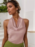 Women Solid Color Swing Collar Sleeveless Vest Trendy Elegant Shirt With Halter Neckline Backless Short Sleeve Tops Tshirts - Image 10