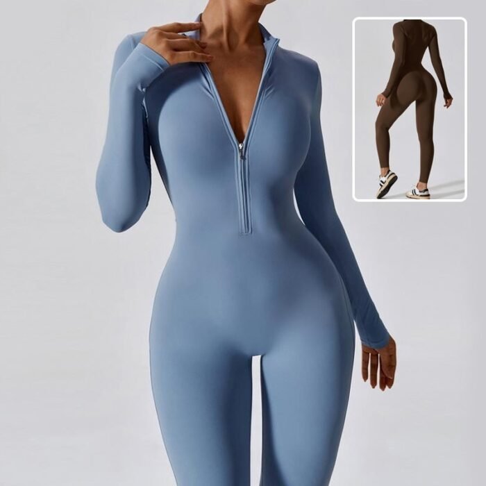 Zipper Long Sleeve Jumpsuit Yoga Fitness Training Pants Tight Hip Seamless Sports Jumpsuit For Women Clothing - Image 1