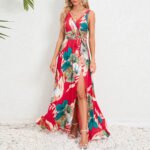 V-neck Floral Print Long Dress Summer Fashion Waist Tie Slit Design Sleeveless Dress For Womens Clothing - Image 6