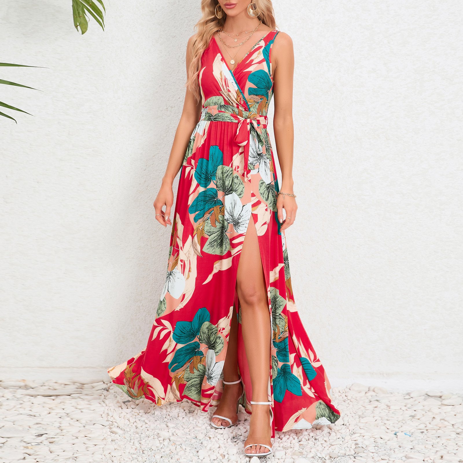 60c4ca5d-c46e-485c-b6bb-56eb933b0883.jpg V-neck Floral Print Long Dress Summer Fashion Waist Tie Slit Design Sleeveless Dress For Womens Clothing - Image 6
