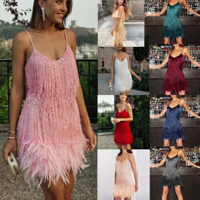Sexy Tassel Sequins Feather Summer Mini Dress Women V Neck Spaghetti Strap Stitching Dresses Female Elegant Evening Party Club Dress - Image 1