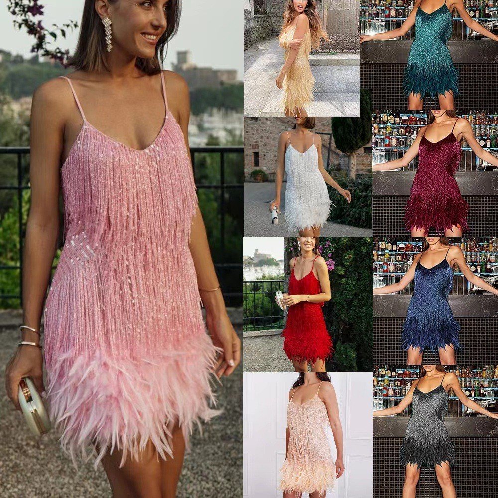 67b19444-692b-4587-a7fa-431be2cd8e7e.jpg Sexy Tassel Sequins Feather Summer Mini Dress Women V Neck Spaghetti Strap Stitching Dresses Female Elegant Evening Party Club Dress - Image 1