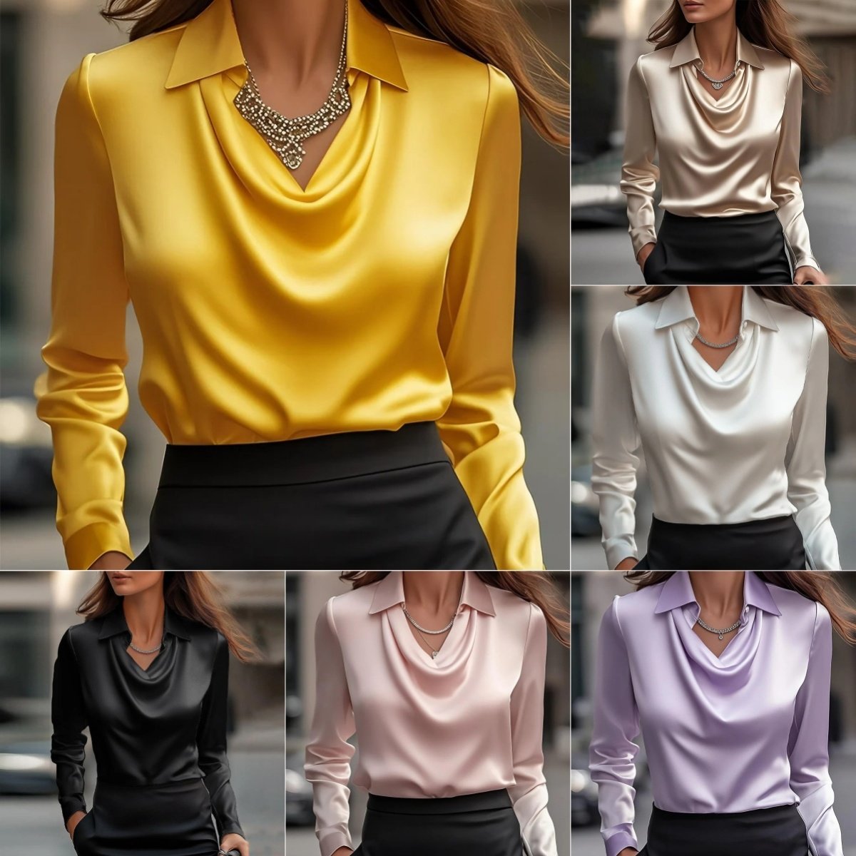 6bb82a48-04c0-47bb-a9cb-4f95074ce928.jpg Women's Swing Collar Draped Shirts & Blouses Elegant Solid Satin Office Ladies Top Pullover Spring Long Sleeve Casual Tops - Image 1