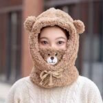 Cute Bear Plush Hat Winter Warm Thickened Scarf With Mask Anf Drawstring Design - Image 7