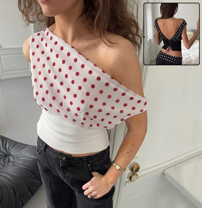 Polka Dots Print Oblique Shoulder Tops Summer Patchwork Chiffon Crop Top Women Sexy Sleeveless Lace Up Backless Blouse Casual Streetwear Tee - Image 1