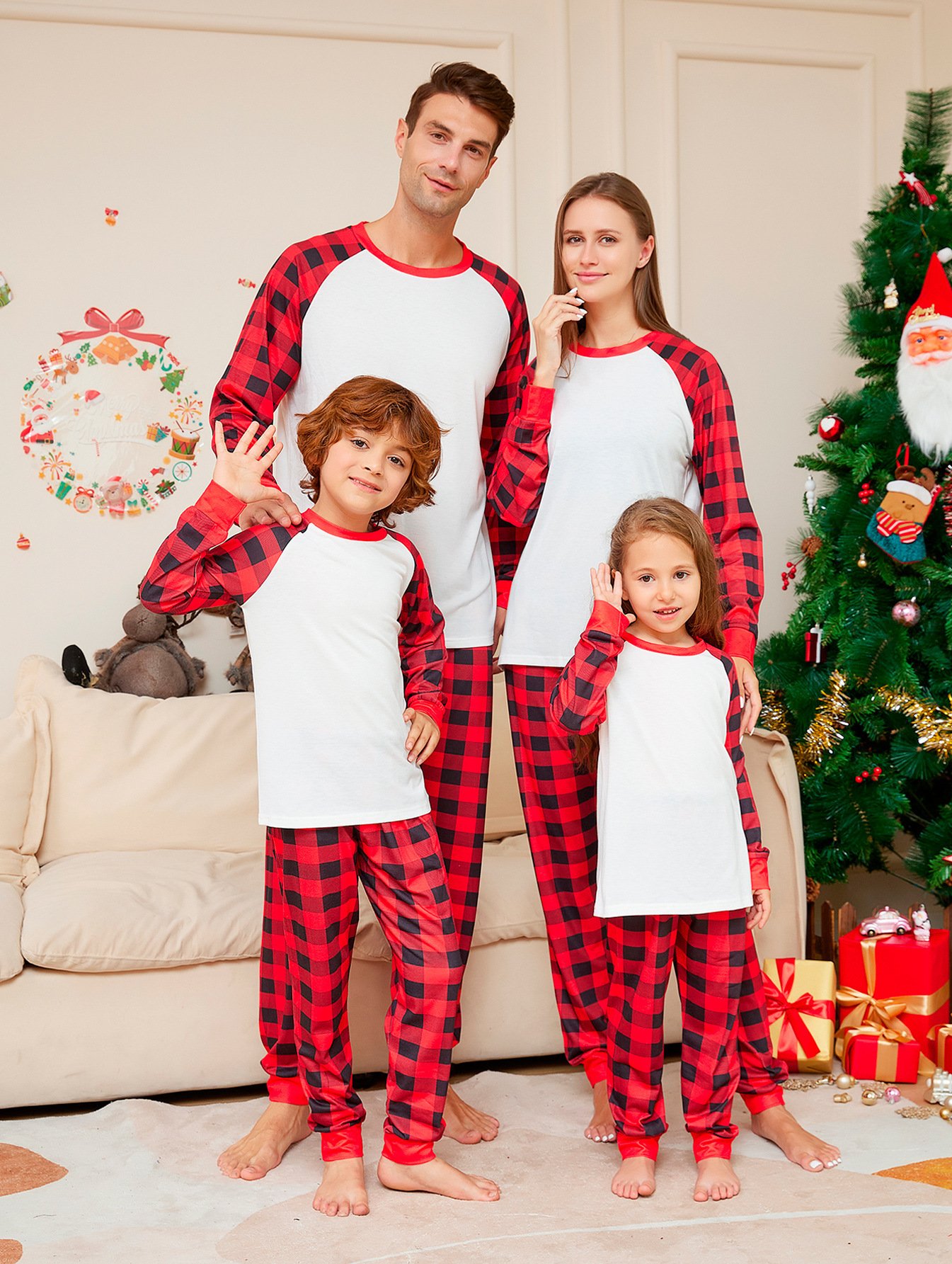 7fe7d863-44df-4f0e-818e-85f463e2355f.jpg Christmas Solid Color Plaid Printed Christmas Parent-child Homewear Suits - Image 3