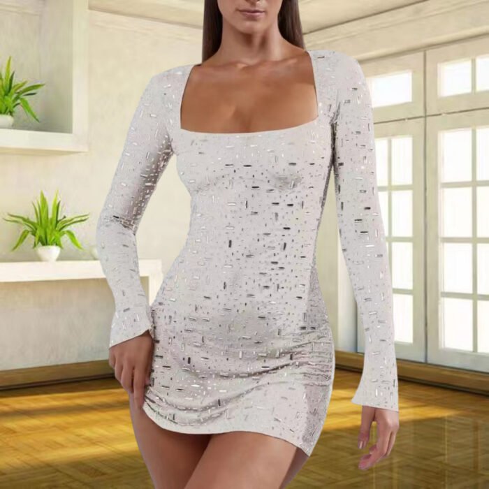 Sequin Colorful Sequined Micro-elastic Tight Sleeveless Square Collar Dress - Image 6