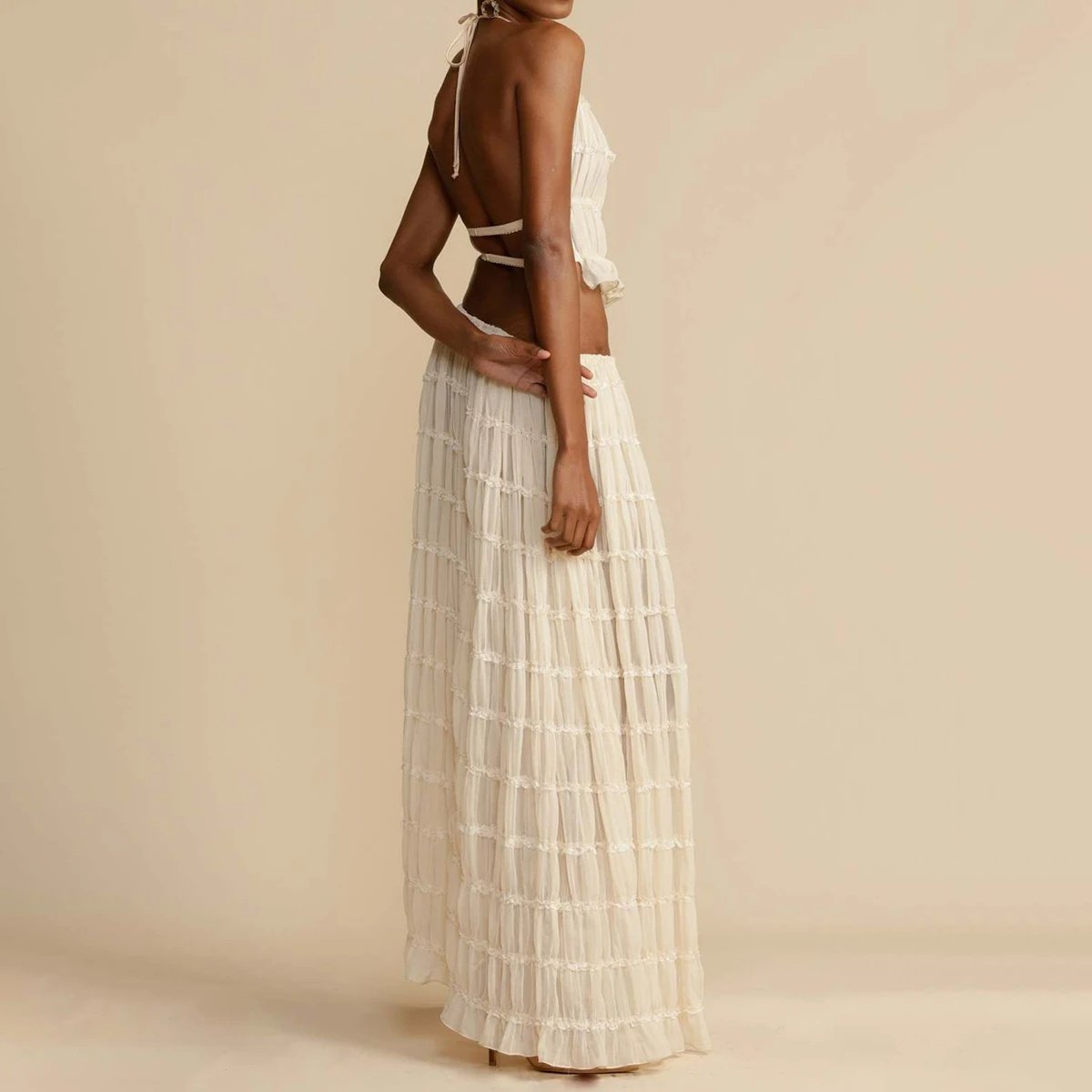 81f69479-c844-40eb-bb84-79fa2fd2d723.jpg 2pcs Women's Dress Suit Sexy Sleeveless Backless Cropped Halter Top And Pleated Long Skirt Beach Clothing - Image 3