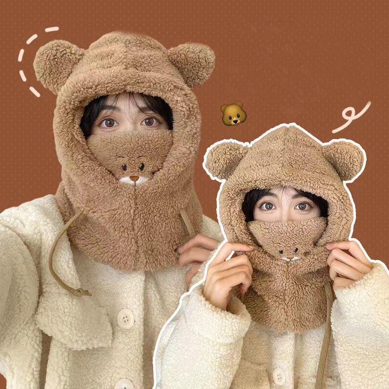 82d96b8b-a9a6-4765-b9e9-066c4baaed2c.jpg Cute Bear Plush Hat Winter Warm Thickened Scarf With Mask Anf Drawstring Design - Image 3