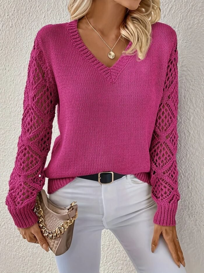 Loose Hollow Knitted Sweater Long-sleeved Pullover V-neck Top Women's Clothing - Image 8