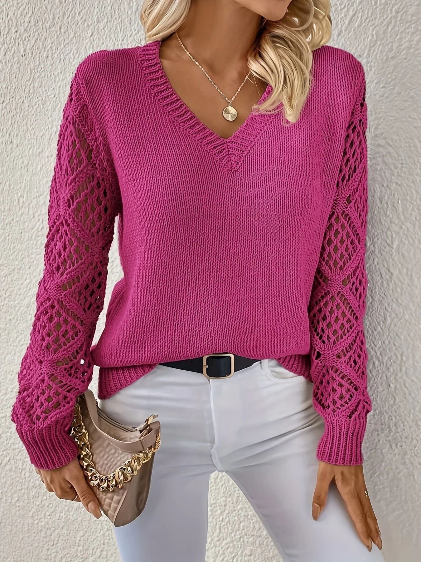 8343a359-c4a8-4596-8b56-27f0f68d51bd.jpg Loose Hollow Knitted Sweater Long-sleeved Pullover V-neck Top Women's Clothing - Image 8