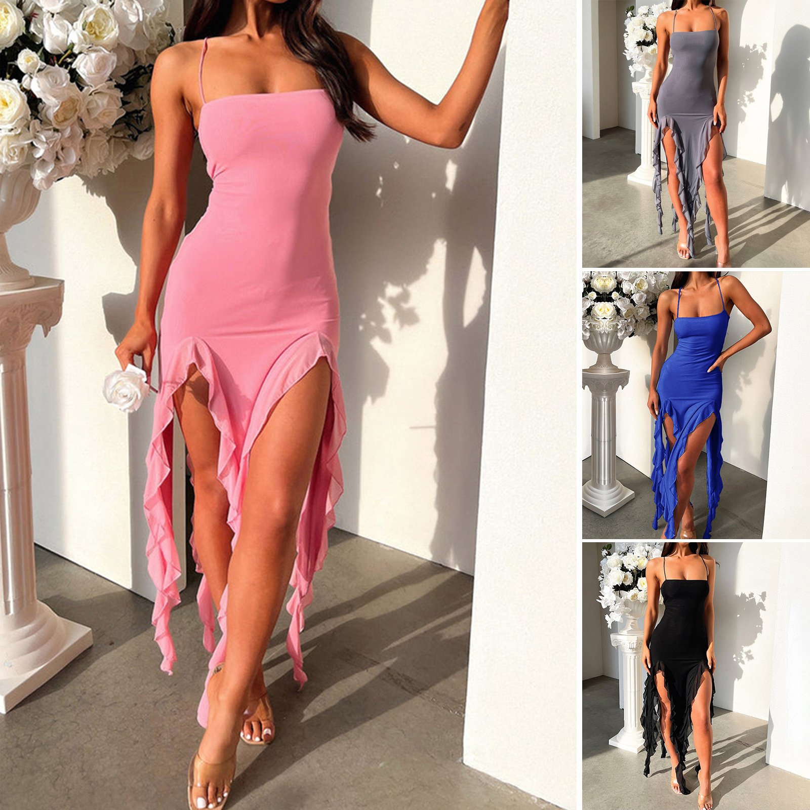 840e359f-832c-4a4c-913c-4e9520e4e91d.jpg Sexy Suspender Tight Slim Skirt Fashion Split Ruffle Design Dress Summer Womens Clothing - Image 1
