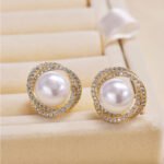 Diamond Rose Pearl Stud Earrings All-match Silver Needle Inlaid With Rhinestone - Image 7