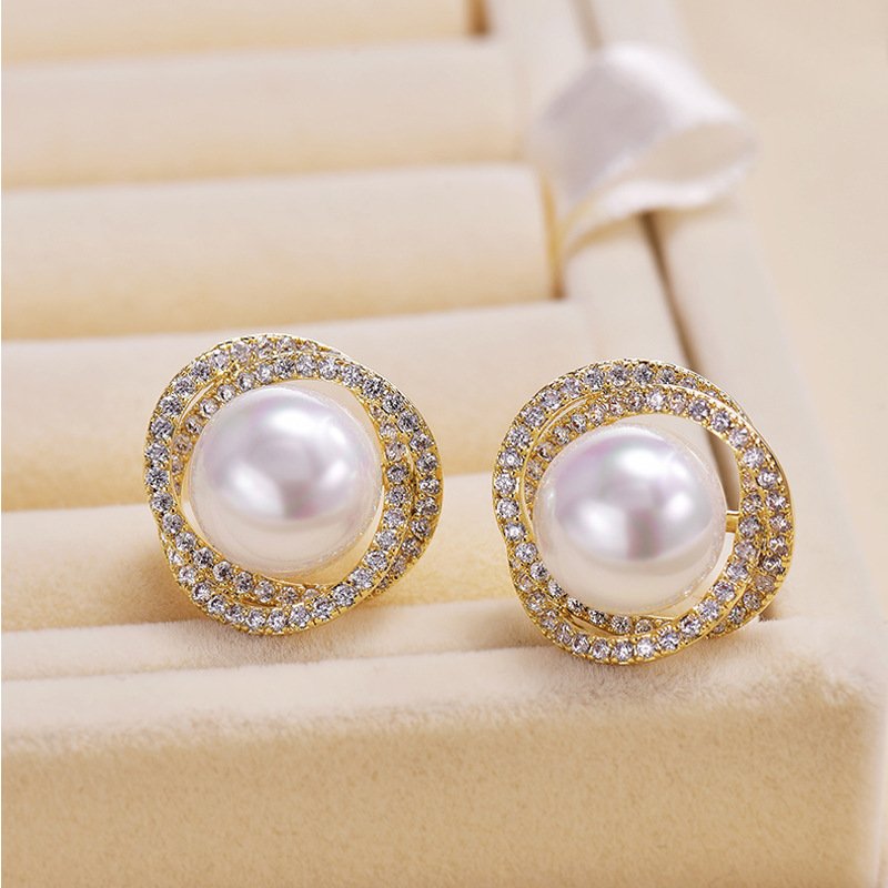 87d077e3-477f-4adb-9703-f39f25ac8401.jpg Diamond Rose Pearl Stud Earrings All-match Silver Needle Inlaid With Rhinestone - Image 7