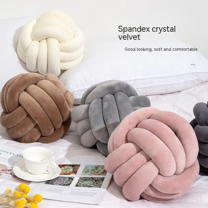 Nordic Fur Ball Pillow Three-strand Rope Knotted Hand-woven Velvet Cushion Knot Window Cushion - Image 1