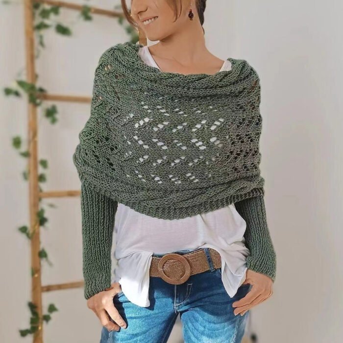 Autumn And Winter Warm Knitted Shawl Women's Hollowed-out Double Sleeve Shawl Collar Fashion Natural For Home And Party - Image 5