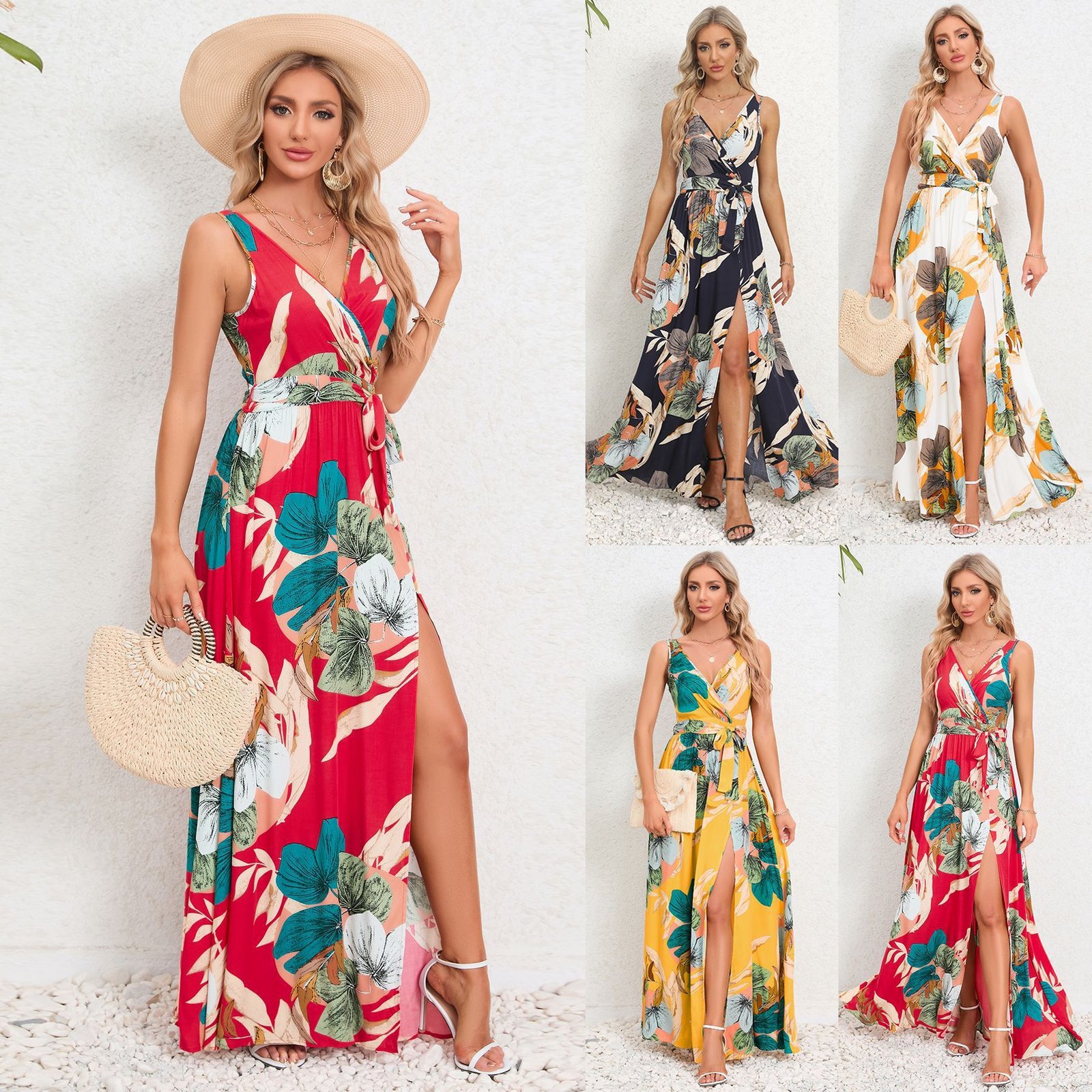 9580de44-7dbf-4ad7-af4b-b7c854347650.jpg V-neck Floral Print Long Dress Summer Fashion Waist Tie Slit Design Sleeveless Dress For Womens Clothing - Image 1