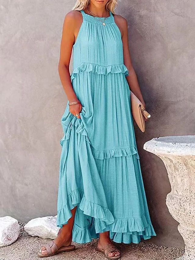 986dc314-ce39-4227-8423-e22e1523db67.jpg Summer Vacation Style Halter Neck Long Dresses Women Fashion Backless Leace-up Loose Ruffles Beach Dress Elegant Ladies Vestidos - Image 3