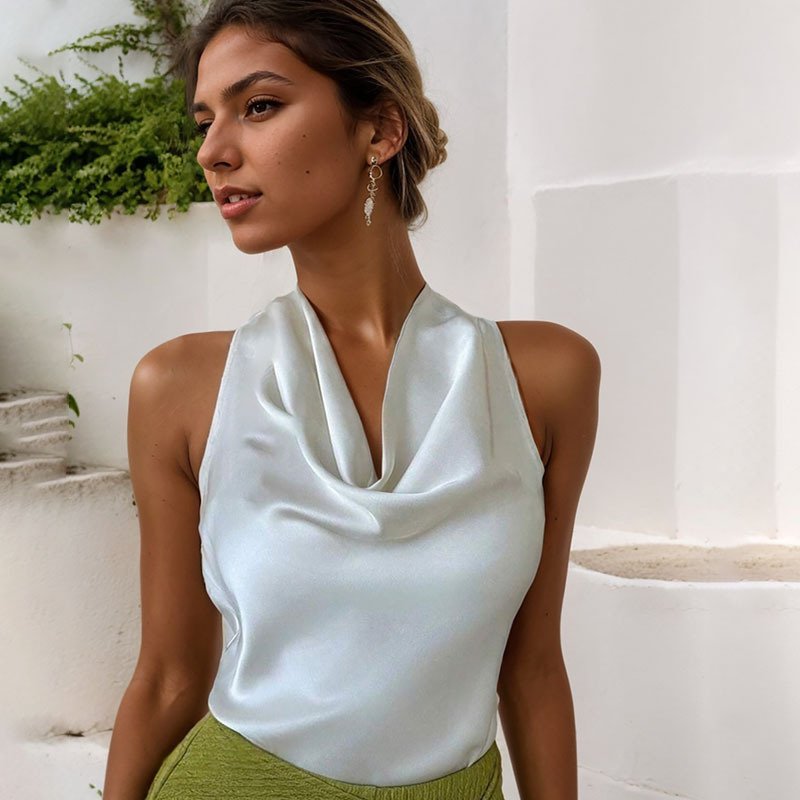 9bd04a0c-d552-4bd6-b66c-699aa15d3e4e.jpg Women Solid Color Swing Collar Sleeveless Vest Trendy Elegant Shirt With Halter Neckline Backless Short Sleeve Tops Tshirts - Image 5