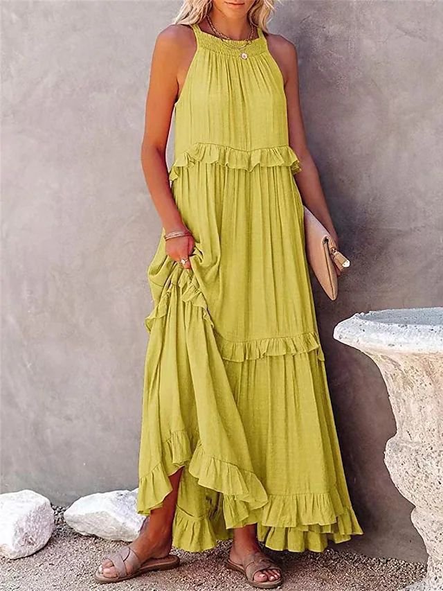 9d269a21-e02d-4a34-bc05-44899cabebde.jpg Summer Vacation Style Halter Neck Long Dresses Women Fashion Backless Leace-up Loose Ruffles Beach Dress Elegant Ladies Vestidos - Image 2