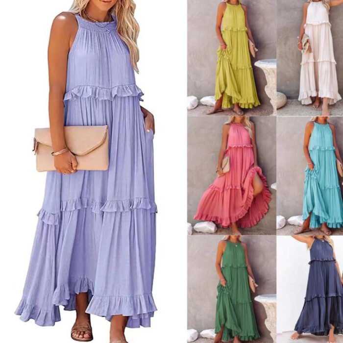 Summer Vacation Style Halter Neck Long Dresses Women Fashion Backless Leace-up Loose Ruffles Beach Dress Elegant Ladies Vestidos - Image 1