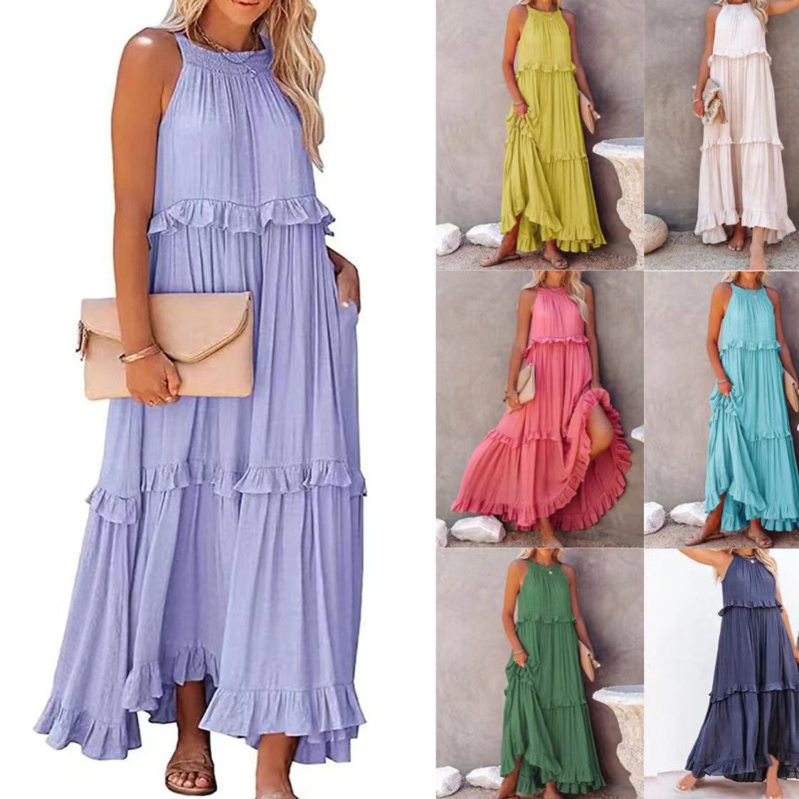 9ec28fe4-2277-4701-8c67-59371809e066.jpg Summer Vacation Style Halter Neck Long Dresses Women Fashion Backless Leace-up Loose Ruffles Beach Dress Elegant Ladies Vestidos - Image 1