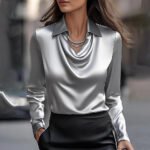Women's Swing Collar Draped Shirts & Blouses Elegant Solid Satin Office Ladies Top Pullover Spring Long Sleeve Casual Tops - Image 4
