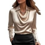 Women's Swing Collar Draped Shirts & Blouses Elegant Solid Satin Office Ladies Top Pullover Spring Long Sleeve Casual Tops - Image 8