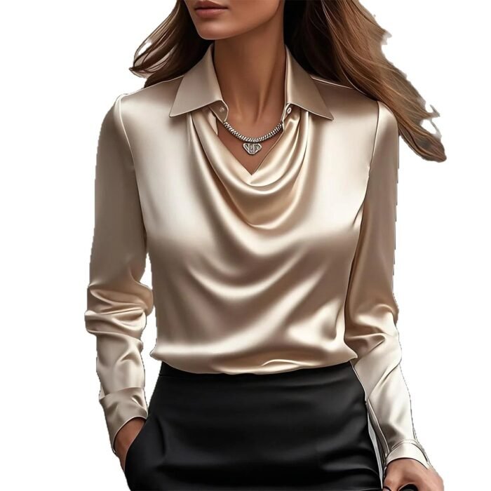 Women's Swing Collar Draped Shirts & Blouses Elegant Solid Satin Office Ladies Top Pullover Spring Long Sleeve Casual Tops - Image 8