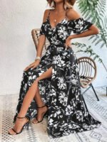Ins Off-Shoulder Split Dress Summer Floral Print Suspender Long Dresses With Belt Design Women's Beach Clothing - Image 10