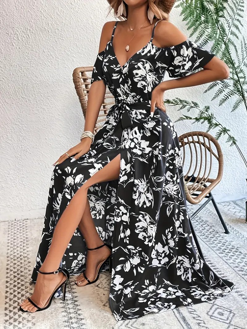 a04a7a2c-6528-4254-b7a4-752443ebf70e.jpg Ins Off-Shoulder Split Dress Summer Floral Print Suspender Long Dresses With Belt Design Women's Beach Clothing - Image 10
