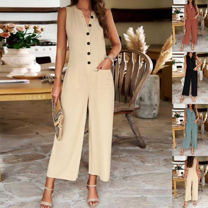 Fashion Sleeveless Jumpsuit With Button Design Casual Temperament Wide Leg Pants For Womens Clothing - Image 1