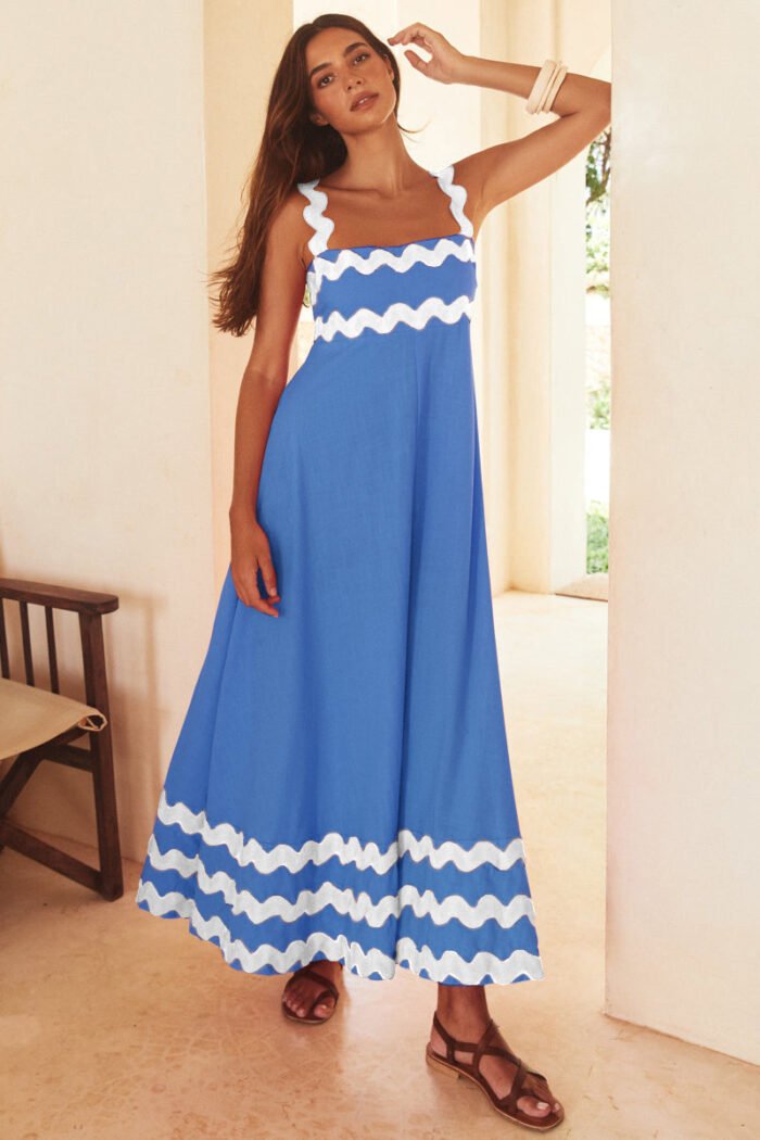 Flowers Print Wavy Pattern Suspender Long Dress For Women Fashion A-Line Beach Dresses Womens Clothing - Image 6
