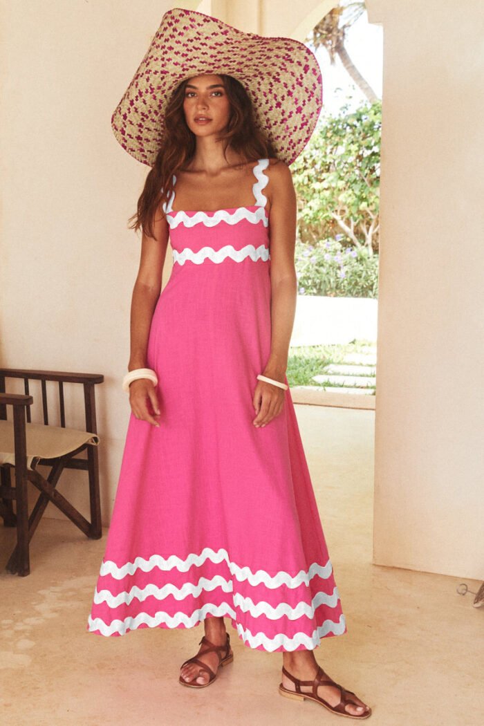 Flowers Print Wavy Pattern Suspender Long Dress For Women Fashion A-Line Beach Dresses Womens Clothing - Image 7