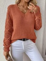 Loose Hollow Knitted Sweater Long-sleeved Pullover V-neck Top Women's Clothing - Image 7
