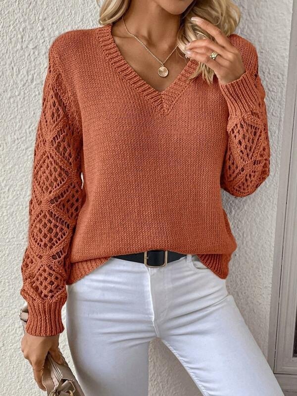 ab136e43-22cc-4708-88d0-7bbf9ae75e19.jpg Loose Hollow Knitted Sweater Long-sleeved Pullover V-neck Top Women's Clothing - Image 7