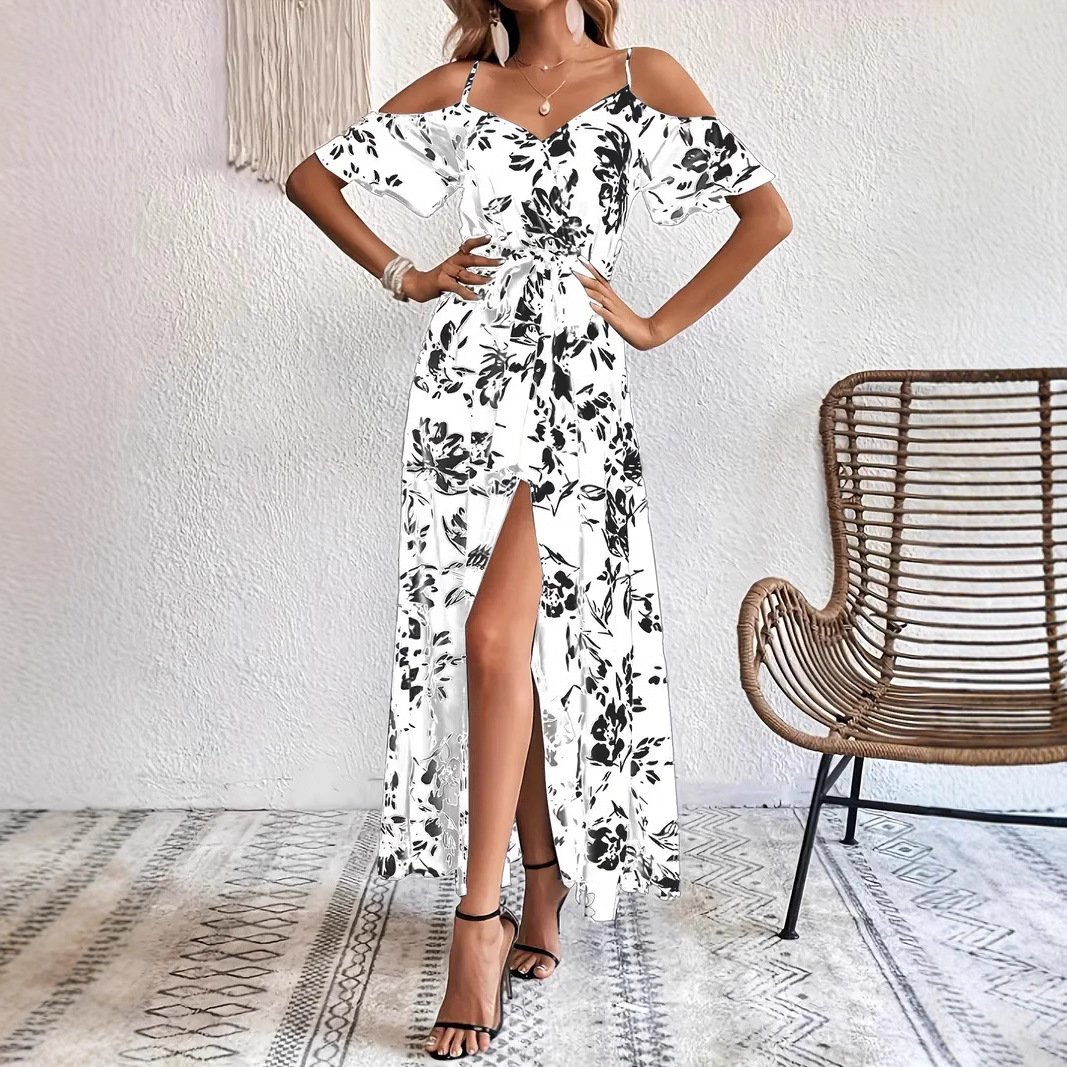 b030b09a-f03e-4714-8436-123a72046a6b.jpg Ins Off-Shoulder Split Dress Summer Floral Print Suspender Long Dresses With Belt Design Women's Beach Clothing - Image 4
