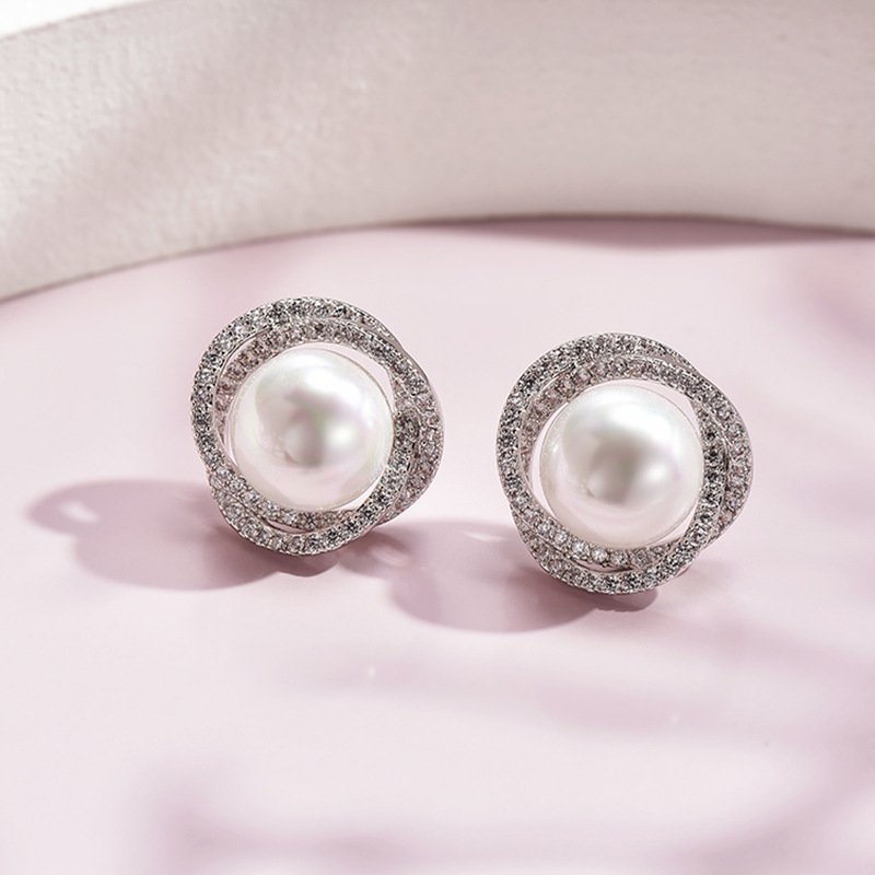b034b859-03d9-470b-9d87-2e7b92000a2c.jpg Diamond Rose Pearl Stud Earrings All-match Silver Needle Inlaid With Rhinestone - Image 1