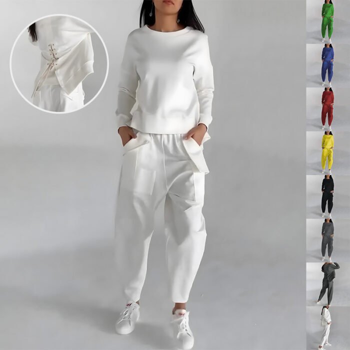 Solid Color Fashion Sweatshirt Long Sleeve Back Slit Top With Pockets Loose Trousers Women's Clothing - Image 1