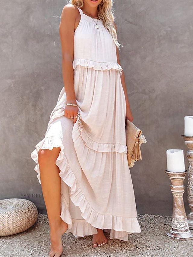 b20152eb-4d2a-4902-bd93-48013c588234.jpg Summer Vacation Style Halter Neck Long Dresses Women Fashion Backless Leace-up Loose Ruffles Beach Dress Elegant Ladies Vestidos - Image 9